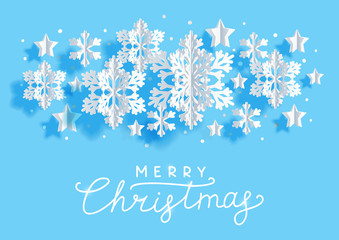 Wall Mural - Christmas horizontal greeting card with paper snowflakes and stars on blue background for Your holiday design