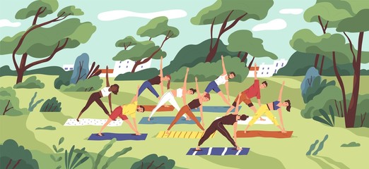 Poster - Outdoor yoga class flat vector illustration. Young women in sportswear training together in city park cartoon characters. Healthy lifestyle, active recreation. Open air workout, physical exercising.