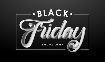 Wall Mural - 3d lettering composition of Black Friday in frame on dark background. Special offer.