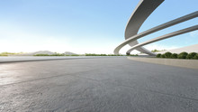 Empty Concrete Floor In City Park. 3d Rendering Of Outdoor Space And Future Architecture With Blue Sky Background.
