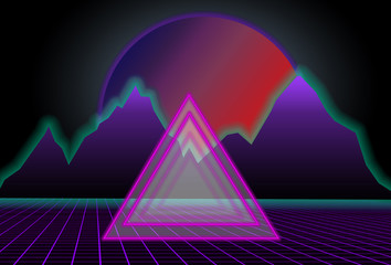 80s style sci-fi, black background with red sunset behind purple mountains and triangle in middle of illustration. futuristic poster template.