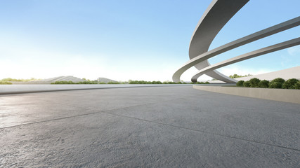 Empty concrete floor in city park. 3d rendering of outdoor space and future architecture with blue sky background.