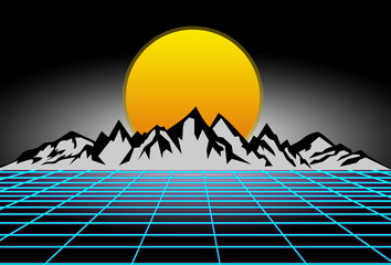 80s style sci-fi, black background with yellow sunset behind white mountains. futuristic illustration or poster template. Synthwave banner.