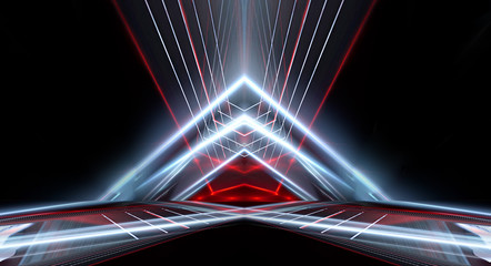 Wall Mural - abstract futuristic background. neon lines, triangle, pyramid. empty dark scene with lines and rays,