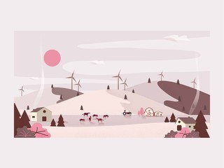 Wall Mural - Vector illustration of countryside farm.Horse ranch with barn and wind turbine.Concept of organic farm or modern agriculture. 