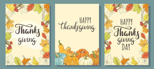 Wall Mural - Happy Thanksgiving. Set of greeting cards with pumpkins and autumn leaves