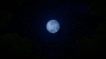 Wall Mural - Looking up to a full moon with time lapse clouds against starry sky, zoom in 4K