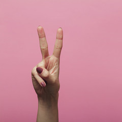 female hands showing number two as part of date of new year 2020, sign language on a colored pink background