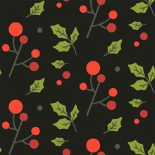 Winter Seamless Vector Pattern With Stylized Holly Leaves. On Dark Background. For Wrapping Paper, Textile Print