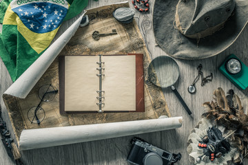 Aufkleber - Brazil.  Old map, flags and objects associated with Brazil and travel to South America. Empty space for an inscription