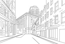 Outline Sketch Vector Of An Town City With Signs And Straight Architecture