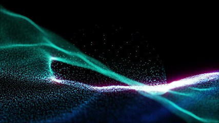 Poster - Blue and green illuminated particles in beautiful organic motion, forming a sphere of light. Depth of field settings. 3D rendering