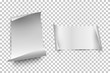 White vertical and horizontal paper sheets with curled edges isolated on transparent background. Vector design elements.