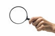 Female hand holding the magnifying glass on isolated white background.