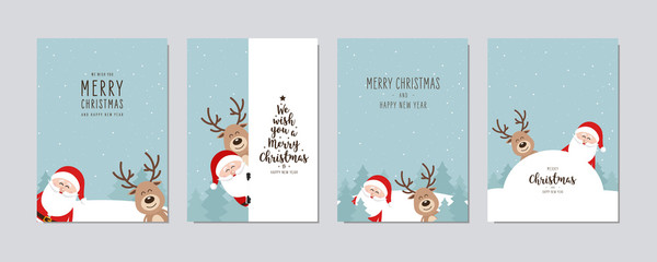 Wall Mural - christmas card set. merry christmas and happy new year greeting cute santa and red nose reindeer car