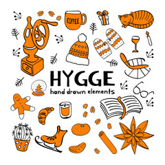 Hygge hand drawn elements. Outline black and white objects with orange details for cozy design. Vector illustration.