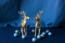 Christmas Reindeers With Christmas Decorations. Beautiful Golden Reindeer Toys, Santa Helpers Decoration, Christmas Tree Bauble. New Year Concept.