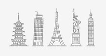 World Architectural Attractions. Travel Icon Set. Vector Illustration
