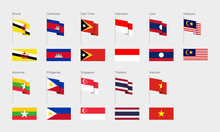 Countries Of Southeast Asia According To The UN Classification. Set Of Flags. Brunei, Cambodia, East Timor, Indonesia, Laos, Malaysia, Myanmar, Philippines, Singapore, Thailand, Vietnam