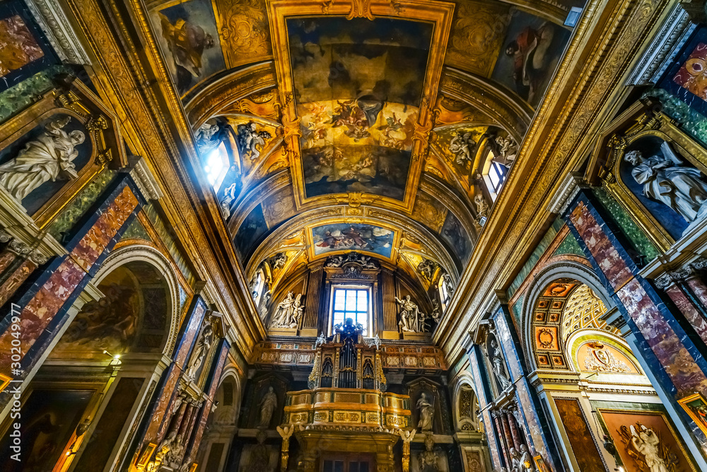 Ceiling Frescoes Basilica Jesus and Mary Church Rome Italy - obrazy, fototapety, plakaty 