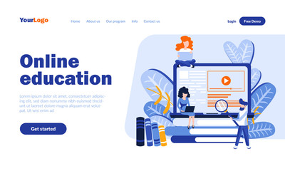 Poster - Online education vector landing page template with header. Educational program app web banner, homepage design with flat illustrations. Modern schooling system. E learning, study concept