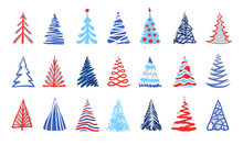 Hand Drawn Doodle Christmas Tree Set. Red Blue Color Sketch Style Holiday Trees. New Year Vector Symbol. Simple Artistic Line Stroke. Many Group Silhouette Decor Icons Isolated On White Background