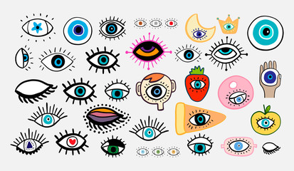 Poster - Big eyes set different forms hand drawn vector illustrations in cartoon comic style