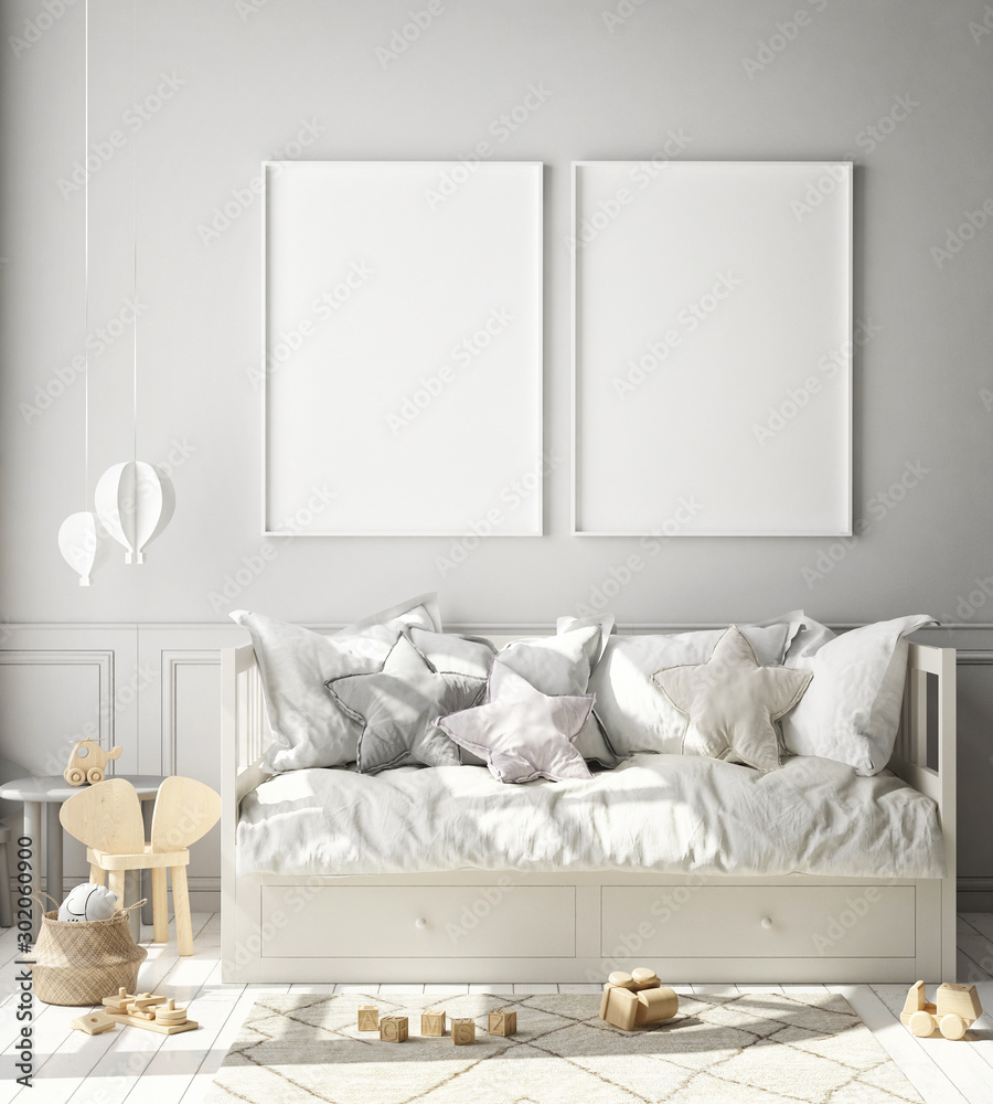 mock up poster frame in children bedroom, Scandinavian style interior background, 3D render, 3D illustration - obrazy, fototapety, plakaty 