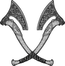 Vector Image Of Two Fighting Axes Of Vikings. Triskele. Illustration Of Scandinavian Myths. Odin Sign. Runes: Victory, Fight, Power. Celtic Sacral Symbol. Vector Illustration.