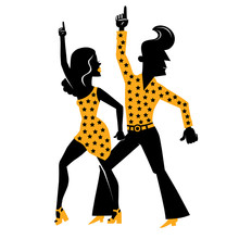 Silhouettes Of Man And Woman. They Are Dancing Disco.