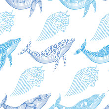 Seamless Sea Pattern With  Whales And Waves.