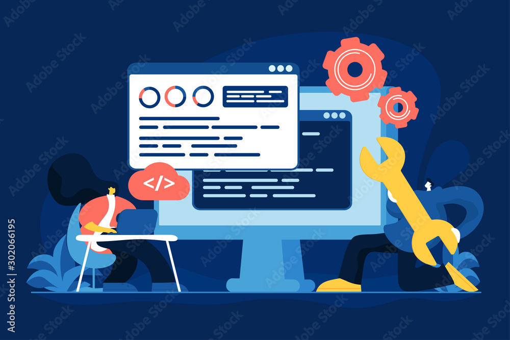 Software configuration flat vector illustration. Financial technology, analytical computer program optimization, IT industry, data analysis concept. System analysts, programmers cartoon characters