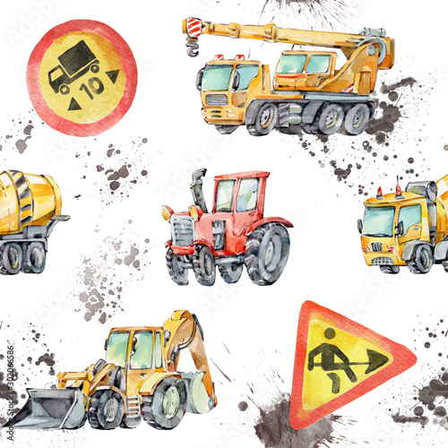 Fototapeta dla dzieci Watercolor seamless pattern with colorful little toy Trucks, Cars and Road Signs. Watercolor Grunge Background for Kids. Red tractor, Excavator, Digger machine, Building machines, Concrete Mixer.