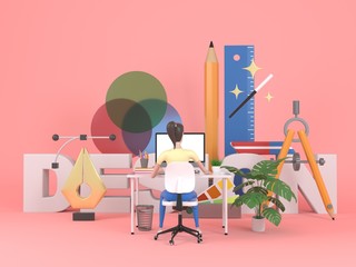 Young professional female web designer is working at a computer. Illustration for web page design. web developer concept. Isometric 3d rendering.