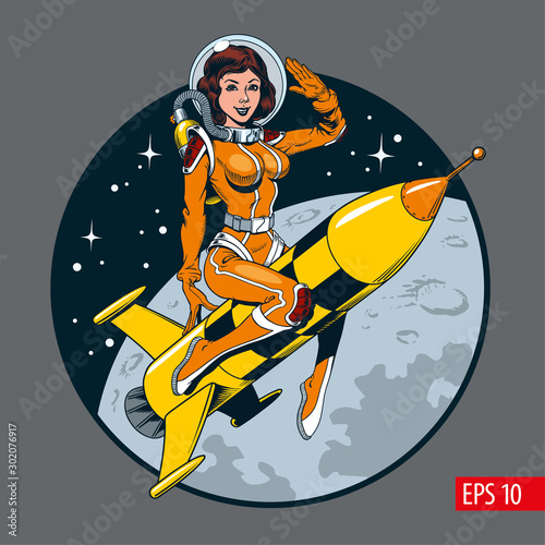 Fotografía A vintage comic style sexy astronaut woman in space suit and helmet riding a rocket