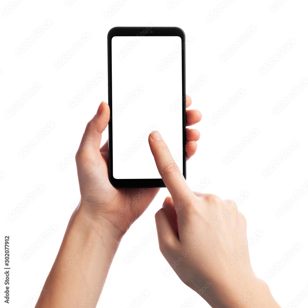 Woman holding and touching smartphone with empty screen isolated on white background, front view. Space for text - obrazy, fototapety, plakaty 
