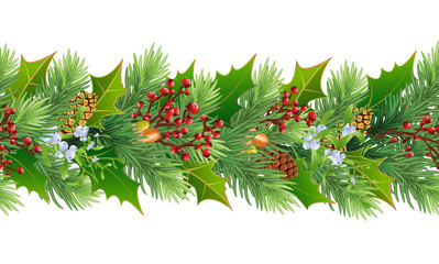 Seamless natural Christmas tree decor made of cones, hops, acorns, red berries and pine.