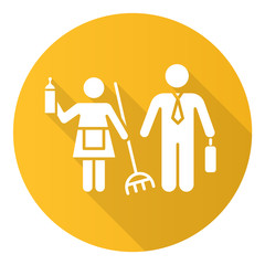 Wall Mural - Gender stereotypes yellow flat design long shadow glyph icon. Female and male domestic, work life. Woman, man human rights. Shared responsibilities. Houswife, worker. Vector silhouette illustration