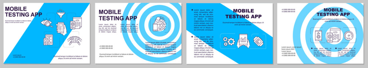 Mobile testing app horizontal brochure template. Flyer, booklet, leaflet print, cover design with linear illustrations. Vector page layouts for magazines, annual reports, advertising posters