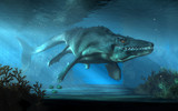 Fototapeta  - An mosasaurus swims towards you in shallow seas.  This creature was an aquatic reptile that lived in the ocean during the Cretaceous period. 3D Rendering