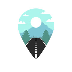 Wall Mural - illustration of blue navigation marker with road trees mountains sun and clouds.