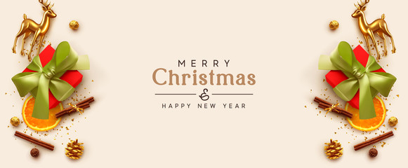 Merry Christmas and Happy New Year. Xmas composition realistic design elements, gift box, cinnamon, orange slice, chocolates, gold glass reindeer, metal deer. Holiday banner, poster, greeting card.