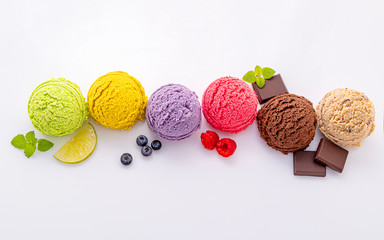 Poster - Various of ice cream flavor ball blueberry ,lime ,pistachio ,almond ,orange ,chocolate and vanilla isolate on white background . Summer and Sweet menu concept.
