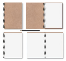 realistic blank open, closed brown kraft paper texture notebook with black metal spiral on left, woo
