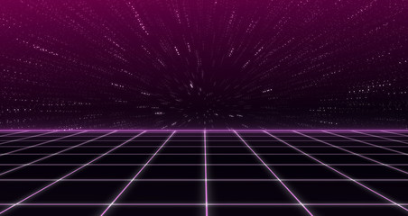 Retro Sci-Fi Background Futuristic Grid landscape of the 80`s. Digital Cyber Surface. Suitable for design in the style of the 1980`s. 3D illustration