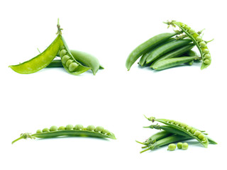 Collection of fresh green peas on white