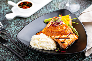 Wall Mural - Asian inspired grilled salmon with vegetables and mashed cauliflower