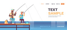Friendly Father And Son Fishing Together From Pier Man With Little Boy Using Rods Sitting On Wooden Jetty Happy Family Weekend Fisher Hobby Concept Water Horizon Flat Full Length Copy Space Vector