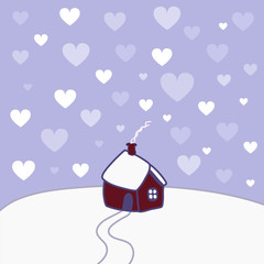 Lonely little house cabin on the top of the hill, on a cold snowy winter night, dark sky. Smoke going from the chimney, snowflakes falling. Christmas holidays at home vector.