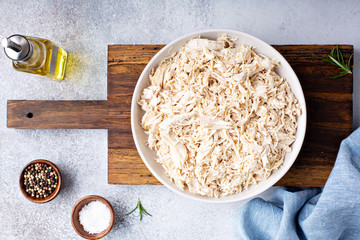 Shredded chicken meat in a big bowl